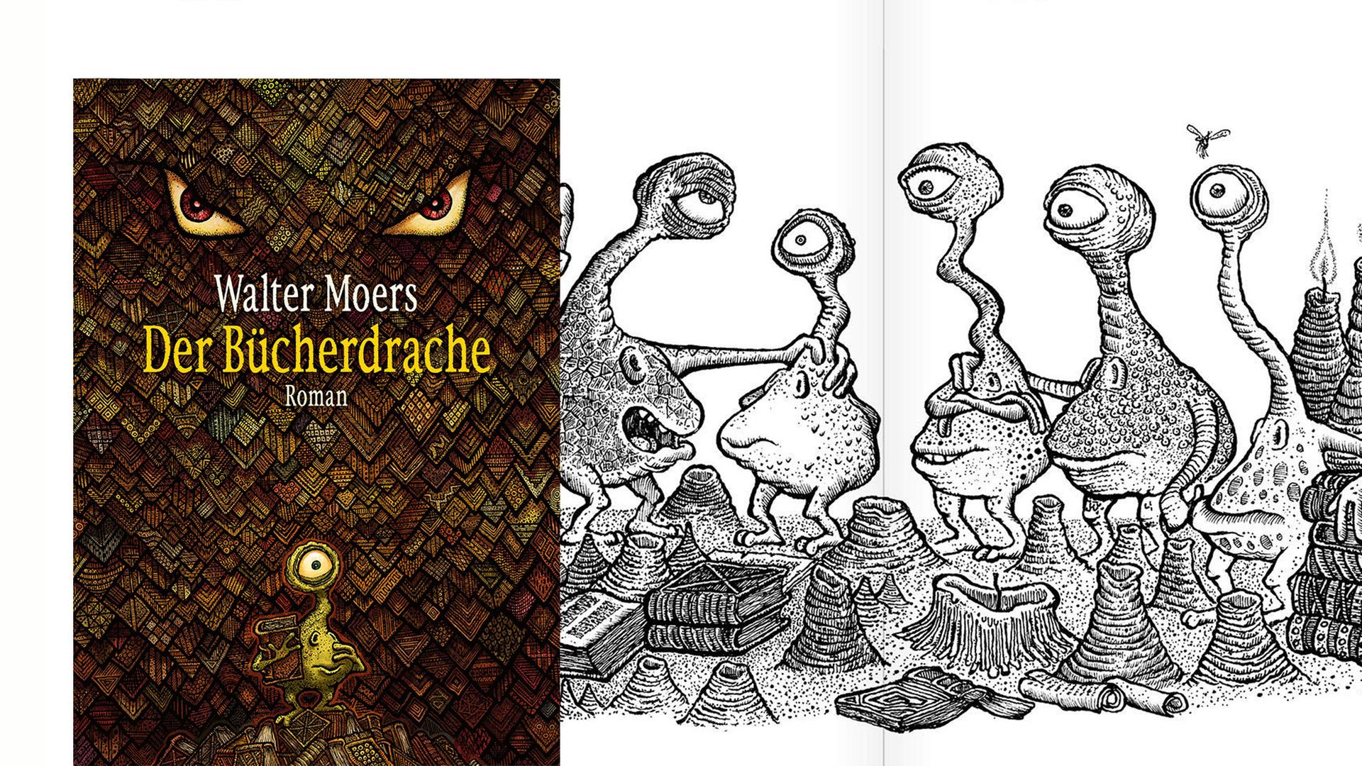 Cover von Walter Moers Buch "Der Bücherdrache". Im Hintergrund ist eine Illustration aus dem Buch zu sehen, die eine Gruppe von Buchlingen zeigt.