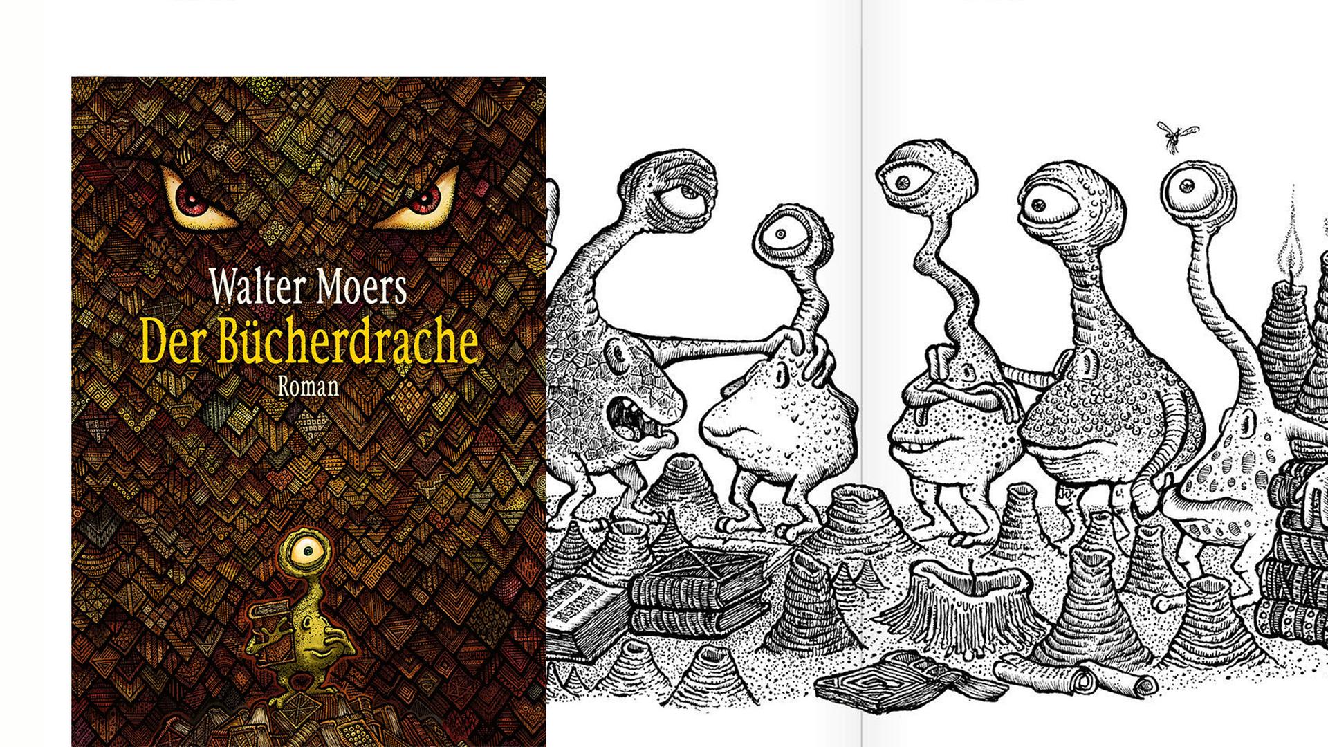 Cover von Walter Moers Buch "Der Bücherdrache". Im Hintergrund ist eine Illustration aus dem Buch zu sehen, die eine Gruppe von Buchlingen zeigt. Cover von Walter Moers Buch "Der Bücherdrache". Im Hintergrund ist eine Illustration aus dem Buch zu sehen, die eine Gruppe von Buchlingen zeigt.