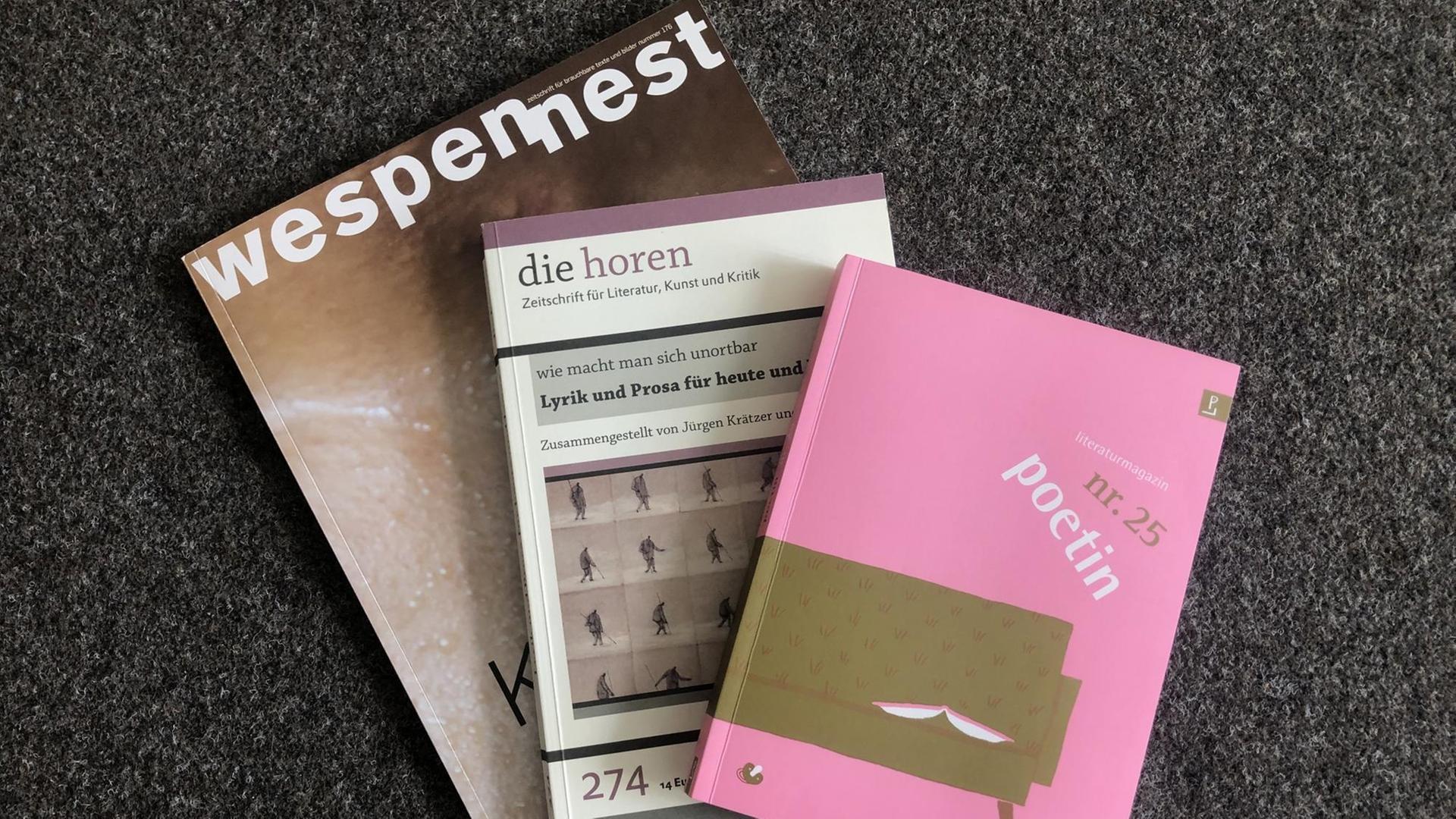 Die Titelbilder der Literaturzeitschriften "Wespennest", "poetin" und "die horen" liegen übereinander. Die Titelbilder der Literaturzeitschriften "Wespennest", "poetin" und "die horen" liegen übereinander.