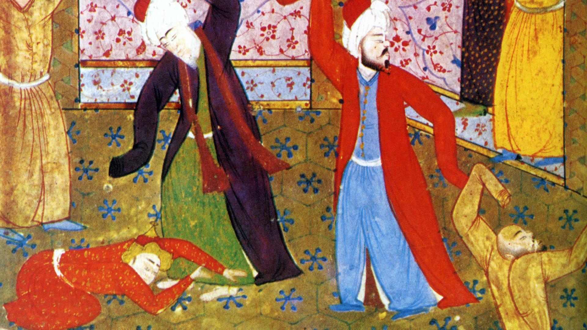 Die Entstehung des Mevlevi-Derwisch-Orden geht auf Dschalaluddin Rumi zurück. Hier eine Illustration mit tanzenden Derwischen aus dem 17. Jahrhundert. Die Entstehung des Mevlevi-Derwisch-Orden geht auf Dschalaluddin Rumi zurück. Hier eine Illustration mit tanzenden Derwischen aus dem 17. Jahrhundert.
