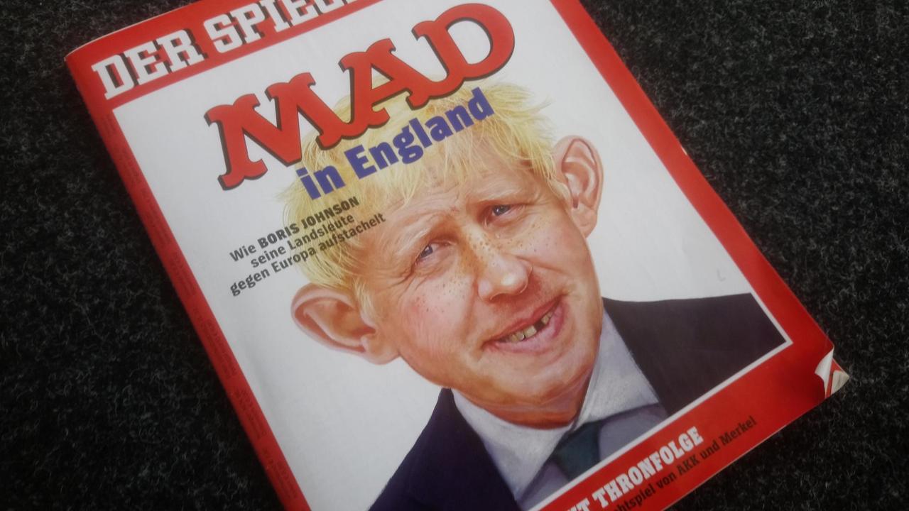 Auf dem Cover des Spiegel: Boris Johnson als Alfred E. Neumann, dem Titelhelden der Satirezeitschrift MAD. Auf dem Cover des Spiegel: Boris Johnson als Alfred E. Neumann, dem Titelhelden der Satirezeitschrift MAD.