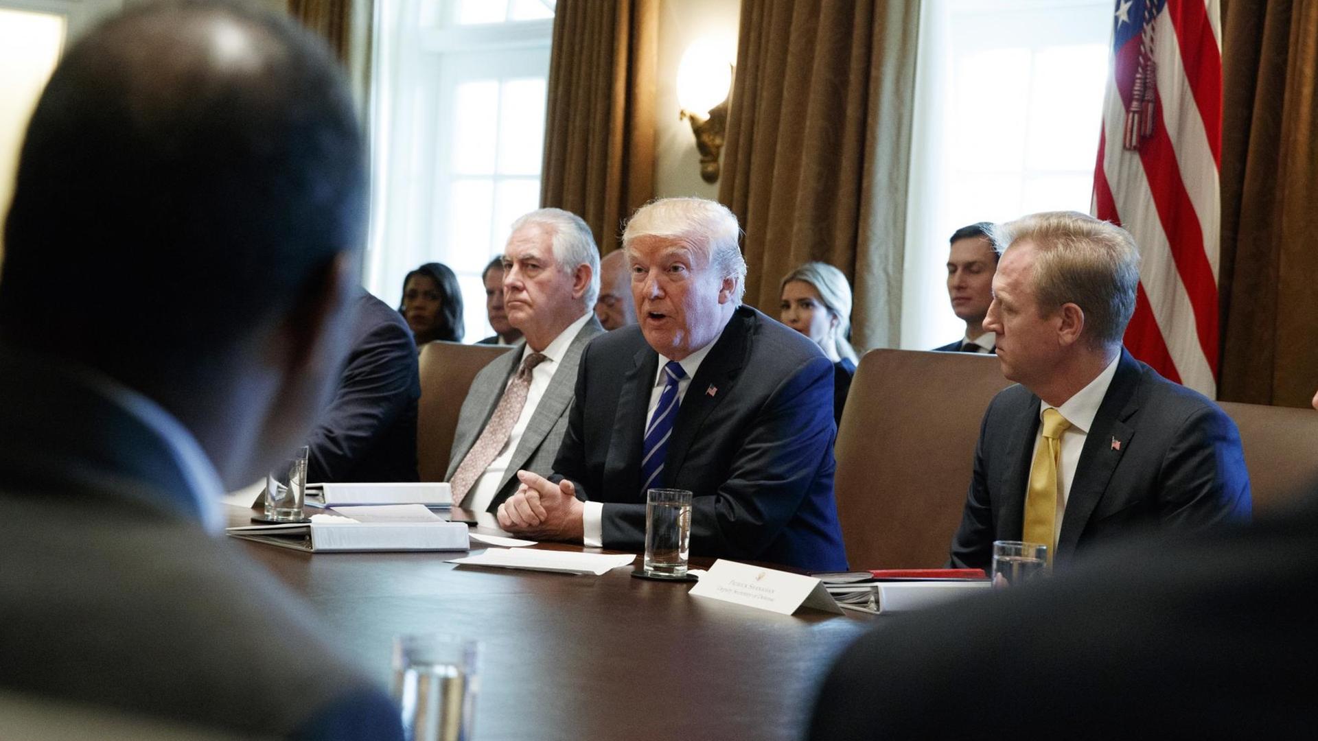 US-Präsident Donald Trump (M) verkündet während einer Kabinettssitzung am 20.11.2017 im Weißen Haus in Washington (USA), dass Nordkorea wieder auf die Liste von Terror-Unterstützerstaaten gesetzt wird.