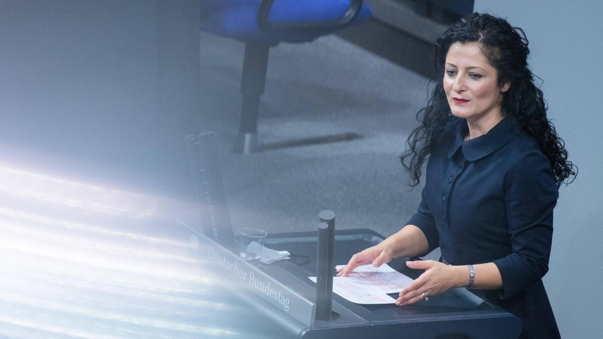 Cansel Kiziltepe steht am Rednerpult des Deutschen Bundestags. Cansel Kiziltepe steht am Rednerpult des Deutschen Bundestags.
