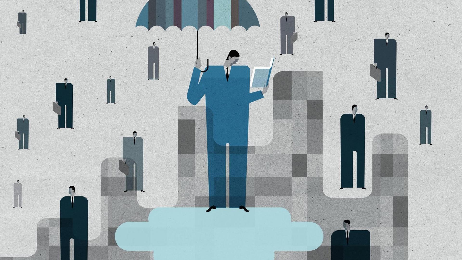 Illustration: Ein Mann im blauen Anzug steht auf einer Wolke, hält einen Regenschirm über sicht und liest in einem Buch. Außerdem sind andere, kleinere Männer in schwarzen bis grauen Anzügen mit Aktentaschen zu sehen, die wie Tropfen um ihn herum wirken.