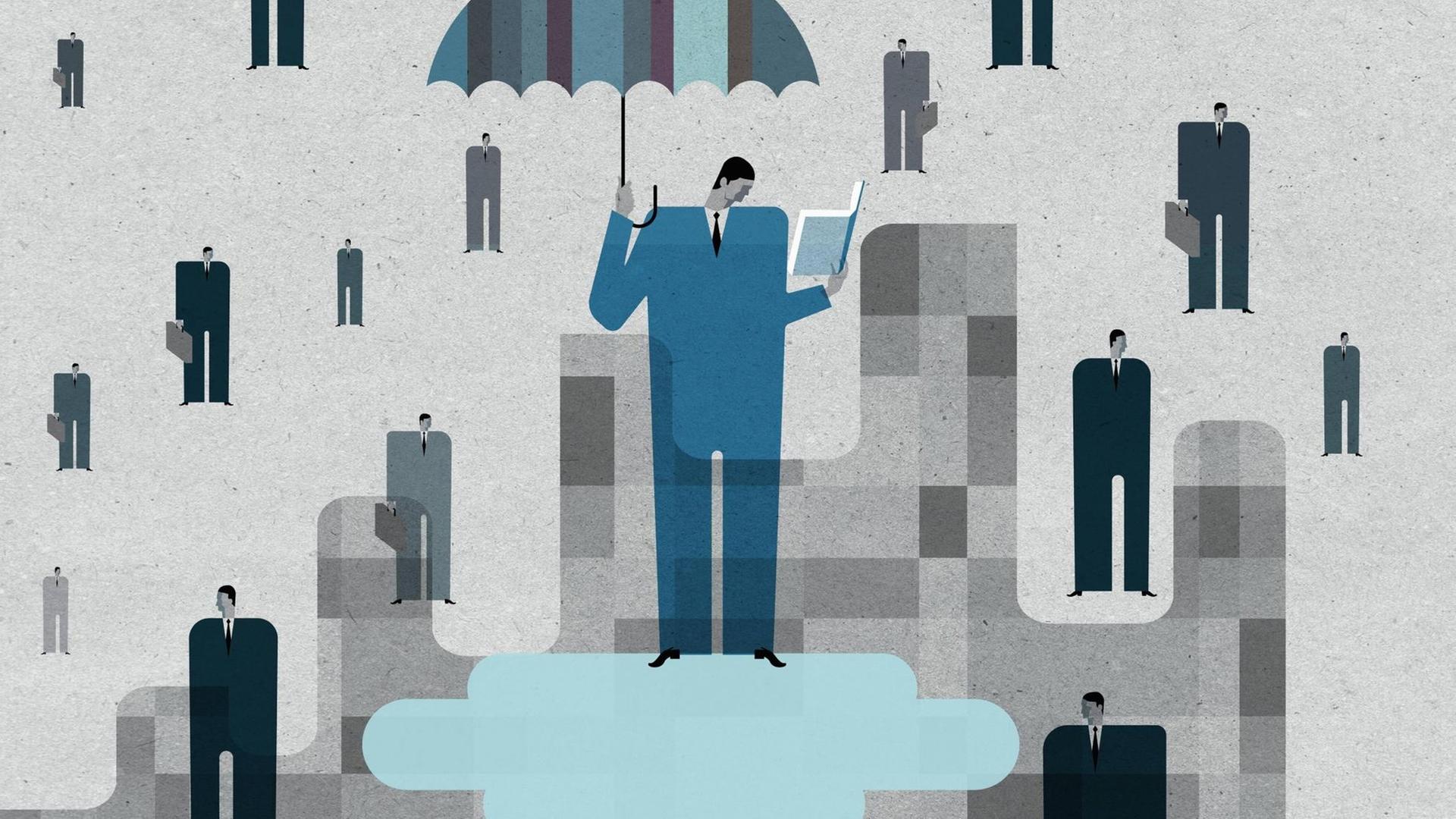 Illustration: Ein Mann im blauen Anzug steht auf einer Wolke, hält einen Regenschirm über sicht und liest in einem Buch. Außerdem sind andere, kleinere Männer in schwarzen bis grauen Anzügen mit Aktentaschen zu sehen, die wie Tropfen um ihn herum wirken. Illustration: Ein Mann im blauen Anzug steht auf einer Wolke, hält einen Regenschirm über sicht und liest in einem Buch. Außerdem sind andere, kleinere Männer in schwarzen bis grauen Anzügen mit Aktentaschen zu sehen, die wie Tropfen um ihn herum wirken.