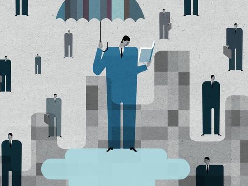 Illustration: Ein Mann im blauen Anzug steht auf einer Wolke, hält einen Regenschirm über sicht und liest in einem Buch. Außerdem sind andere, kleinere Männer in schwarzen bis grauen Anzügen mit Aktentaschen zu sehen, die wie Tropfen um ihn herum wirken.