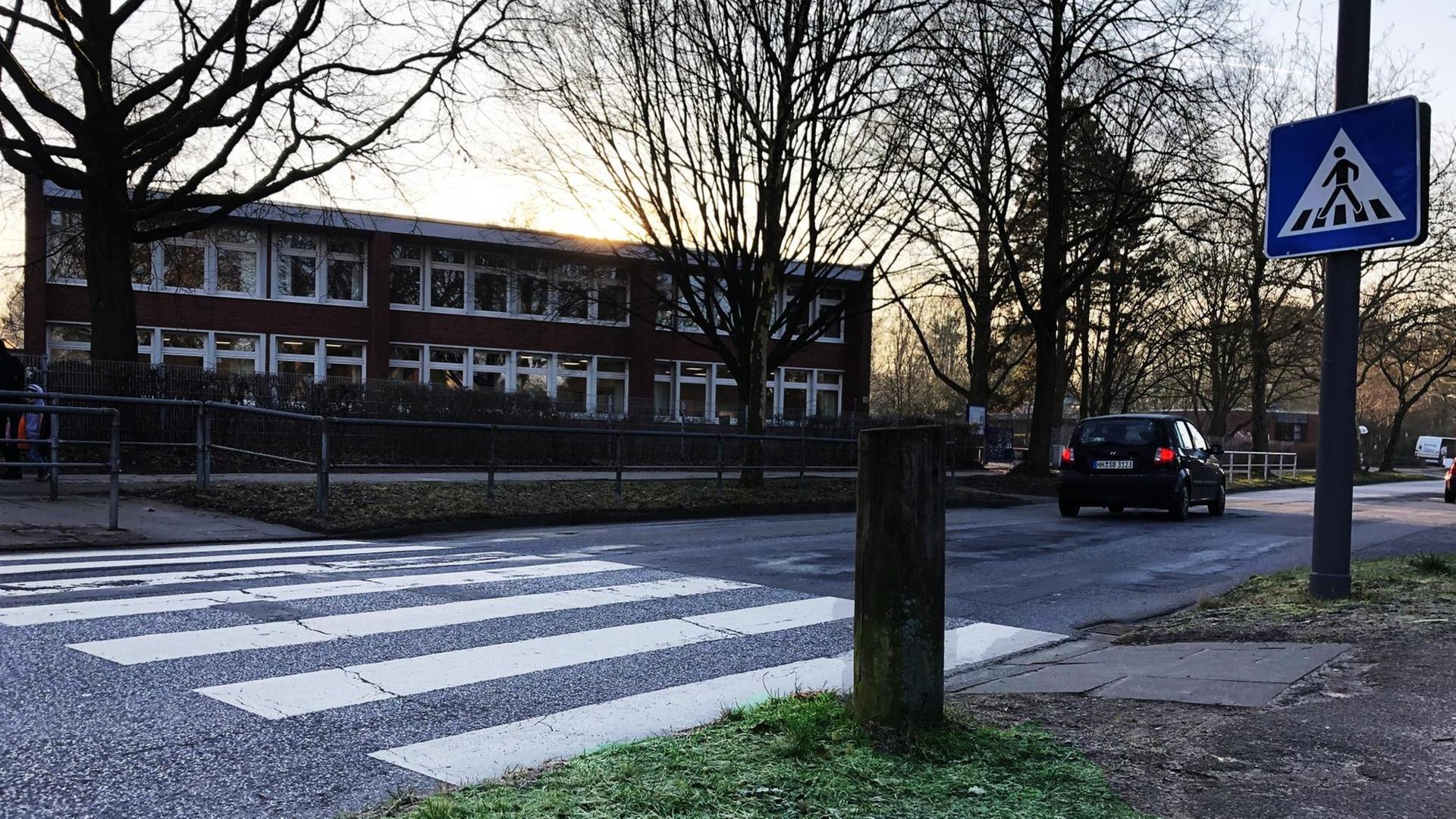Zebrastreifen vor Grundschulgebäude Zebrastreifen vor Grundschulgebäude