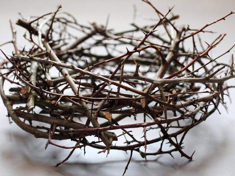 Eine Dornenkrone auf weissem Hintergrund: Die Evangelien berichten in Matthäus 27:29, Markus 15:17 und Johannes 19:2, dass Jesus von Nazaret von römischen Soldaten eine Krone aus Dornen aufgesetzt wurde.