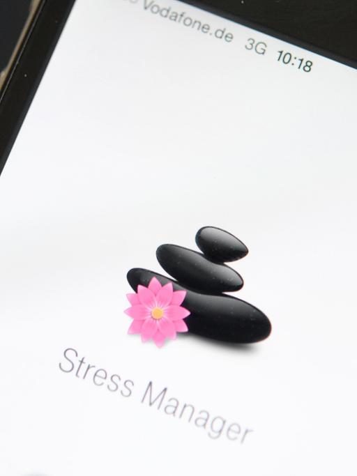 Auf einem Display eines Mobiltelefons ist eine App zur Messung des Stresspegels abgebildet.