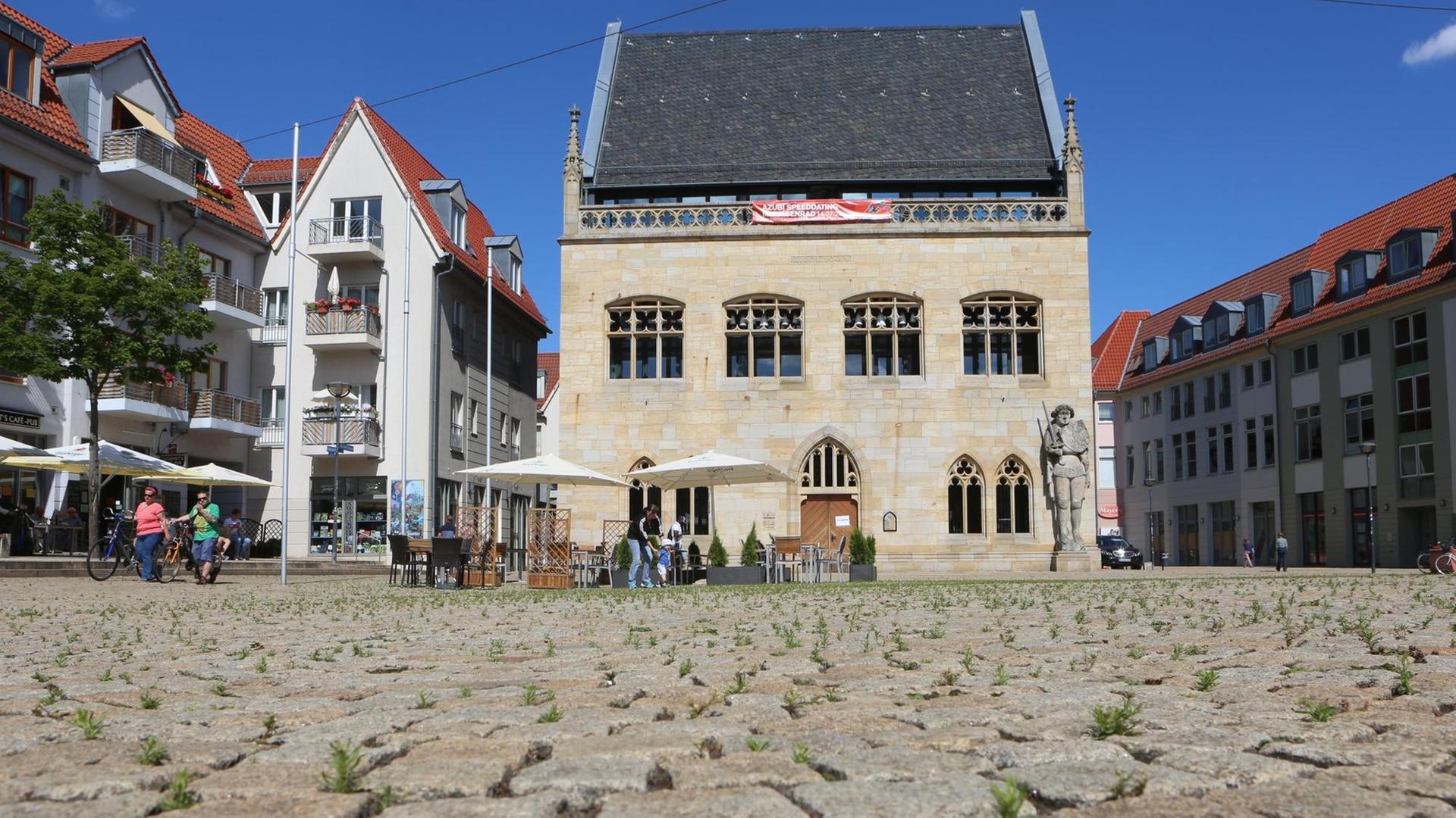Kopfsteinpflaster auf dem Platz vor teils rekonstruierten, historischen Rathaus von Halberstadt. aufgenommen am 13. Juli 2020 Kopfsteinpflaster auf dem Platz vor teils rekonstruierten, historischen Rathaus von Halberstadt. aufgenommen am 13. Juli 2020