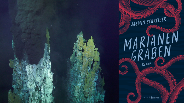 Jasmin Schreiber: „Marianengraben“ und im Hintergrund der Marianengraben im Pazifik