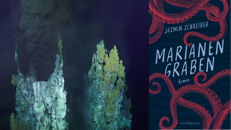 Jasmin Schreiber: „Marianengraben“ und im Hintergrund der Marianengraben im Pazifik Jasmin Schreiber: „Marianengraben“ und im Hintergrund der Marianengraben im Pazifik