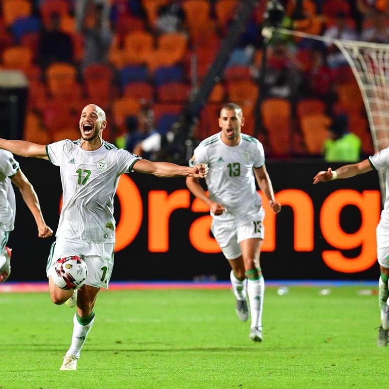 Die algerische Mannschaft feiert ihren Sieg im Afrika-Cup Die algerische Mannschaft feiert ihren Sieg im Afrika-Cup