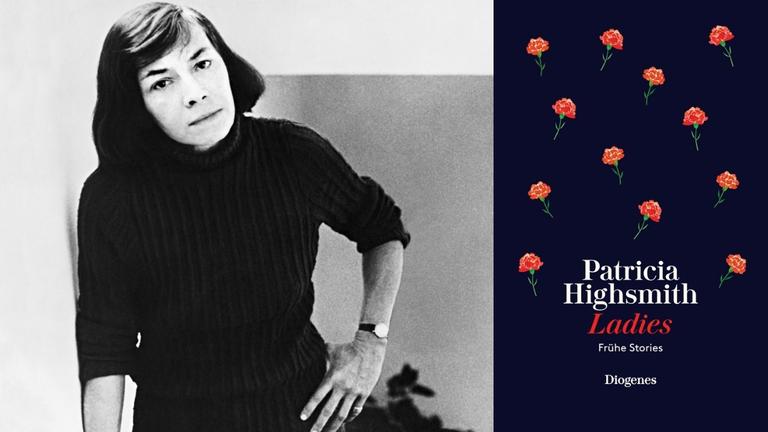 Patricia Highsmith: "Ladies", frühe Stories Zu sehen sind die Autorin und das Buchcover - auf dunkelblauem Hintergrund einzelne Blumen mit roter Blüte Patricia Highsmith: "Ladies", frühe Stories Zu sehen sind die Autorin und das Buchcover - auf dunkelblauem Hintergrund einzelne Blumen mit roter Blüte