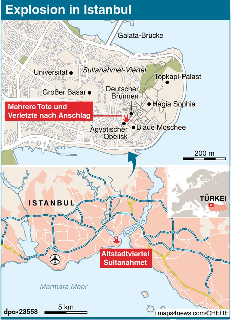 Ein Stadtplan von Istanbul, die den Ort des Anschlags vom 12.01.2016 markiert. Ein Stadtplan von Istanbul, die den Ort des Anschlags vom 12.01.2016 markiert.