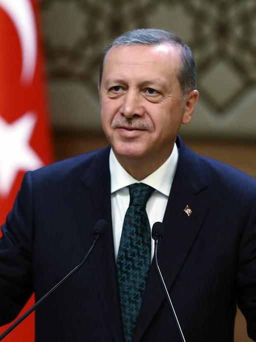Der türkische Präsident Recep Tayyip Erdogan hält eine Rede in Ankara, im Hintergrund die türkische Flagge.