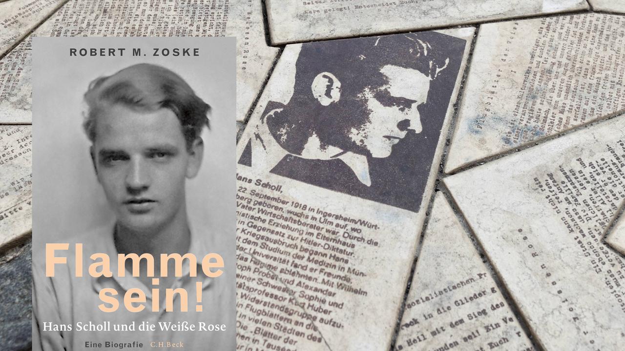 Cover von Robert M. Zoskes Buch  "Flamme sein". Im Hintergrund ist das Mahnmal für die Geschwister Scholl an der LMU München zu sehen.