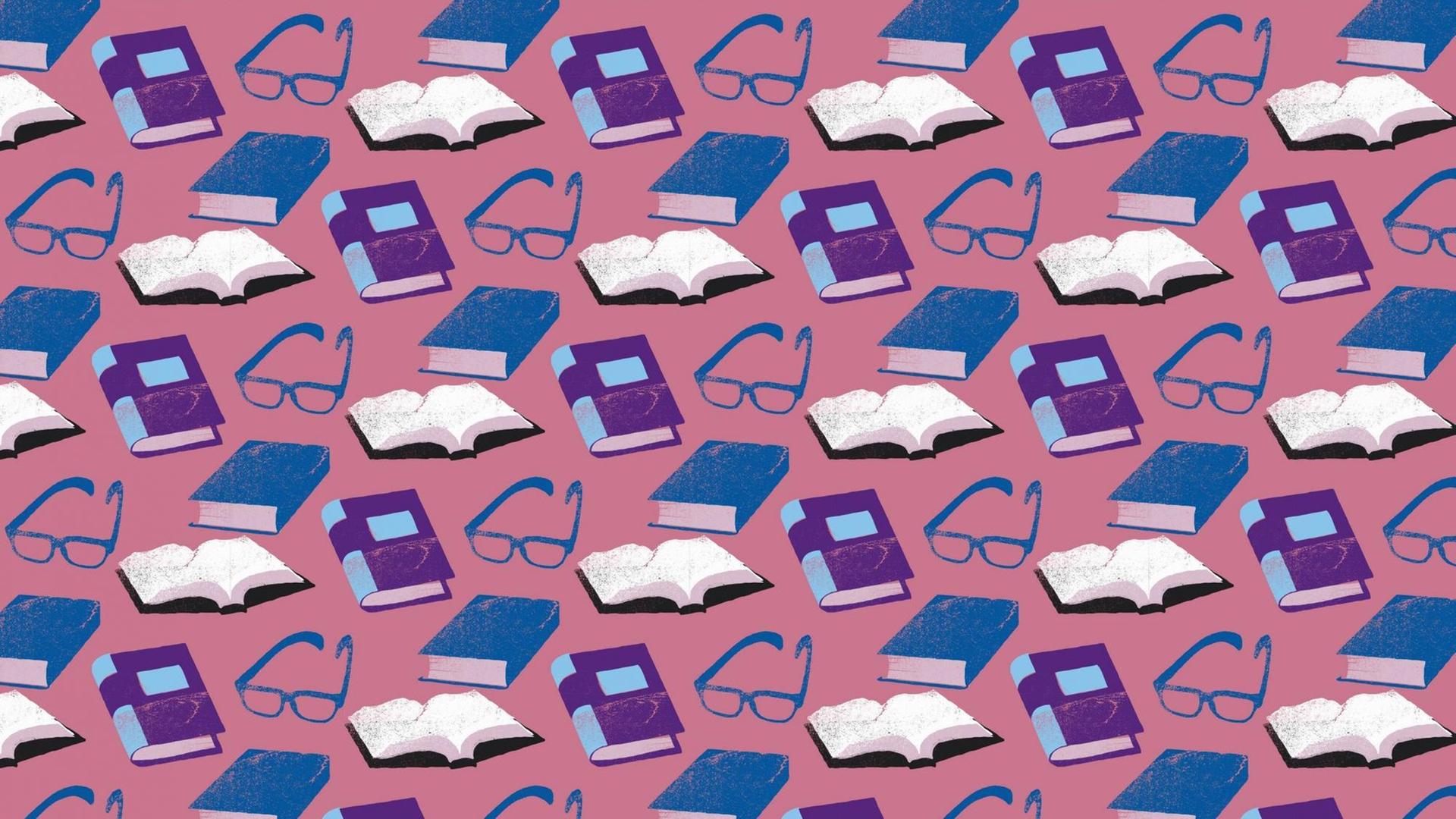 Illustriertes Hintergrundmuster aus Büchern und Brillen. Illustriertes Hintergrundmuster aus Büchern und Brillen.