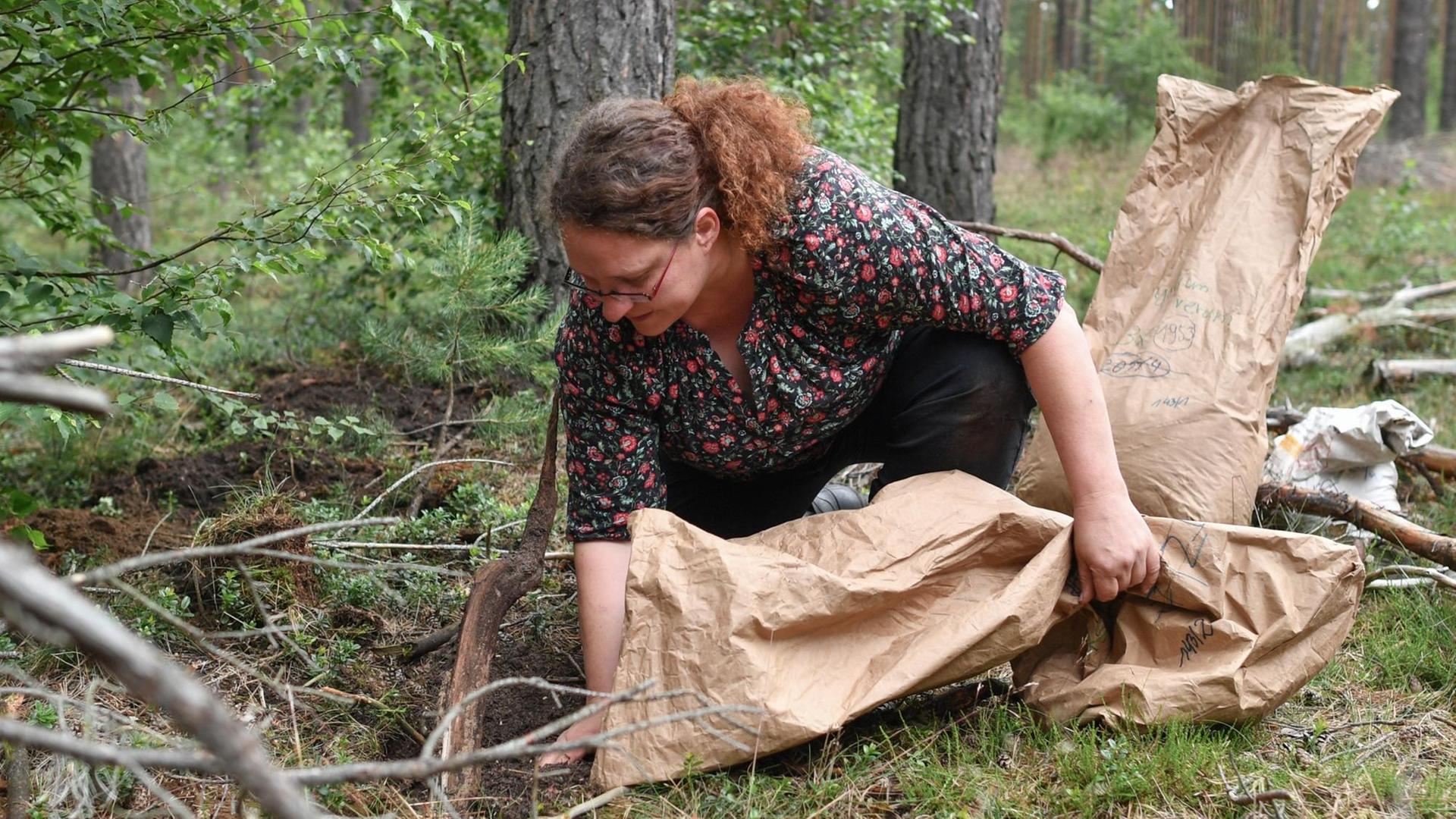 Christina Grätz hockt auf einem Waldboden und steckt mit bloßen Händen Ameisen in große braune Papiersäcke.