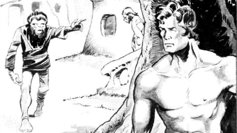 Das Comic zeigt einen Mann hinter einem Baum, von links kommt ein Affe näher. Das Comic zeigt einen Mann hinter einem Baum, von links kommt ein Affe näher.