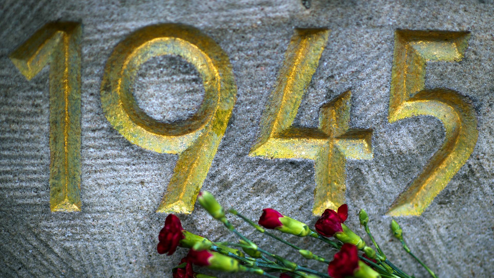 Vor der Jahreszahl "1945" auf einem Mahnmal auf dem Sowjetischen Garnisonfriedhof in Dresden (Sachsen) liegt ein Strauß roter Nelken. Vor der Jahreszahl "1945" auf einem Mahnmal auf dem Sowjetischen Garnisonfriedhof in Dresden (Sachsen) liegt ein Strauß roter Nelken.