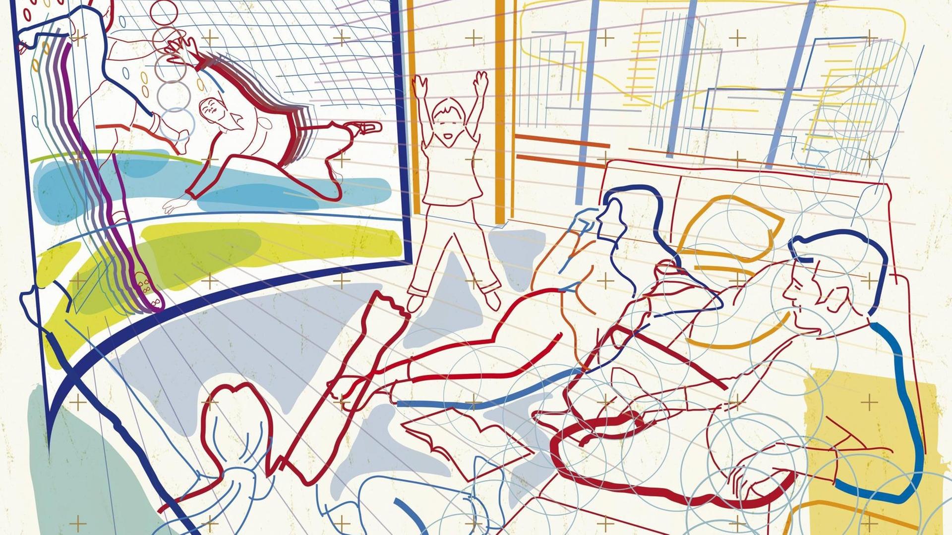 Illustration: Eine Familie jubelt bei einem Fußballspiel vor dem Fernseher. Illustration: Eine Familie jubelt bei einem Fußballspiel vor dem Fernseher.