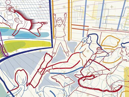 Illustration: Eine Familie jubelt bei einem Fußballspiel vor dem Fernseher.