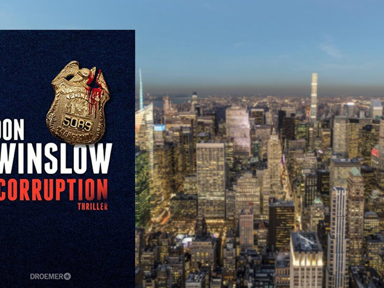 Cover: "Corruption" von Don Winslow, im Hintergrund: Die Skyline von New York, wo der Thriller spielt.