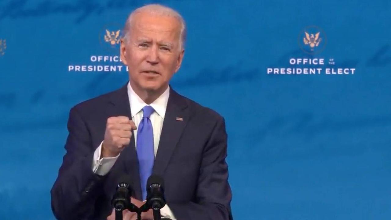 Der gewählte US-Präsident Joe Biden gibt am Montag, 14. Dezember 2020, Wilmington USA. Der gewählte US-Präsident Joe Biden gibt am Montag, 14. Dezember 2020, Wilmington USA.