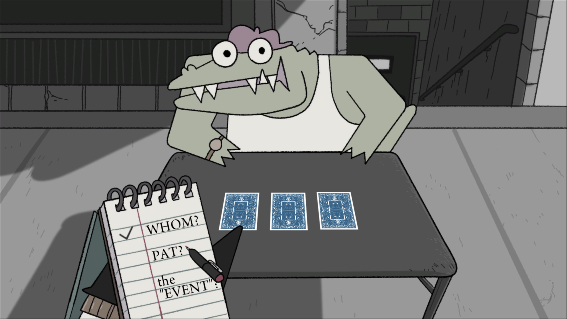 Screenshot aus "Later Alligator": Der Detektiv hält einen Notizblock in der Hand und befragt einen Trickbetrüger-Alligator Screenshot aus "Later Alligator": Der Detektiv hält einen Notizblock in der Hand und befragt einen Trickbetrüger-Alligator