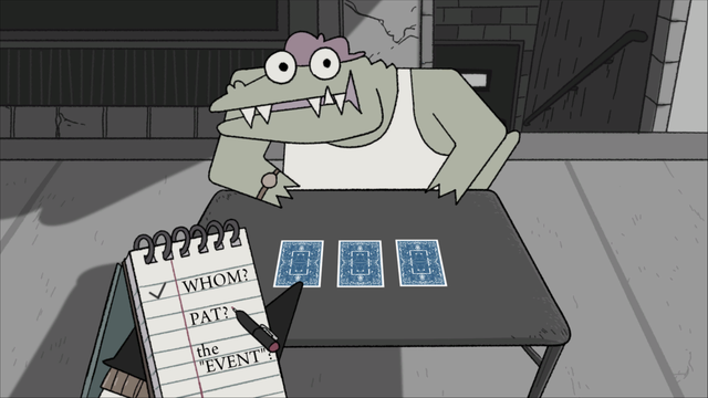 Screenshot aus "Later Alligator": Der Detektiv hält einen Notizblock in der Hand und befragt einen Trickbetrüger-Alligator