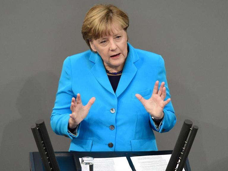 Bundeskanzlerin Angela Merkel während der Generaldebatte über den Haushalt 2016 im Deutschen Bundestag.