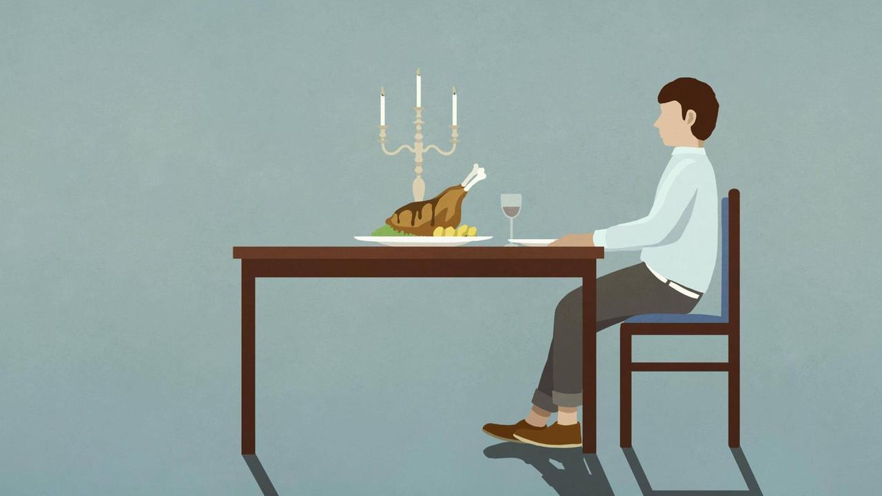 Eine Illustration zeigt einen Mann allein an einem gedeckten Tisch bei Kerzenschein. Eine Illustration zeigt einen Mann allein an einem gedeckten Tisch bei Kerzenschein.