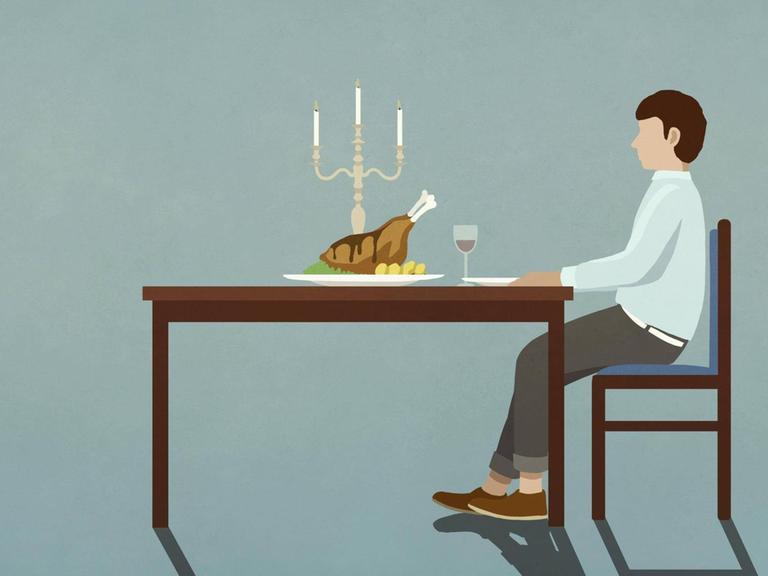 Eine Illustration zeigt einen Mann allein an einem gedeckten Tisch bei Kerzenschein.