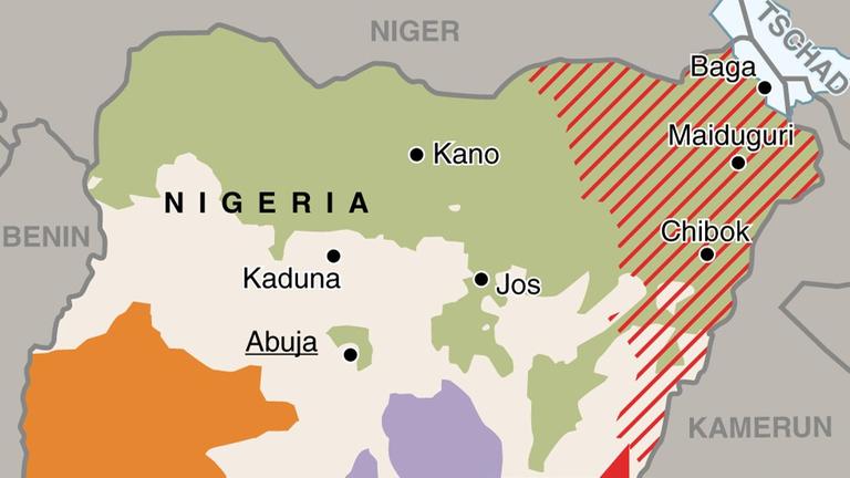 Eine Karte Nigerias mit der Verteilung der Bevölkerung nach Religionen, herausgehoben der Teil des Landes, der von den Anschlägen Boko Harams besonders betroffen ist. 
; Hochformat 90 x 135 mm; Grafik: J. Reschke, Redaktion: A. Eickelkamp