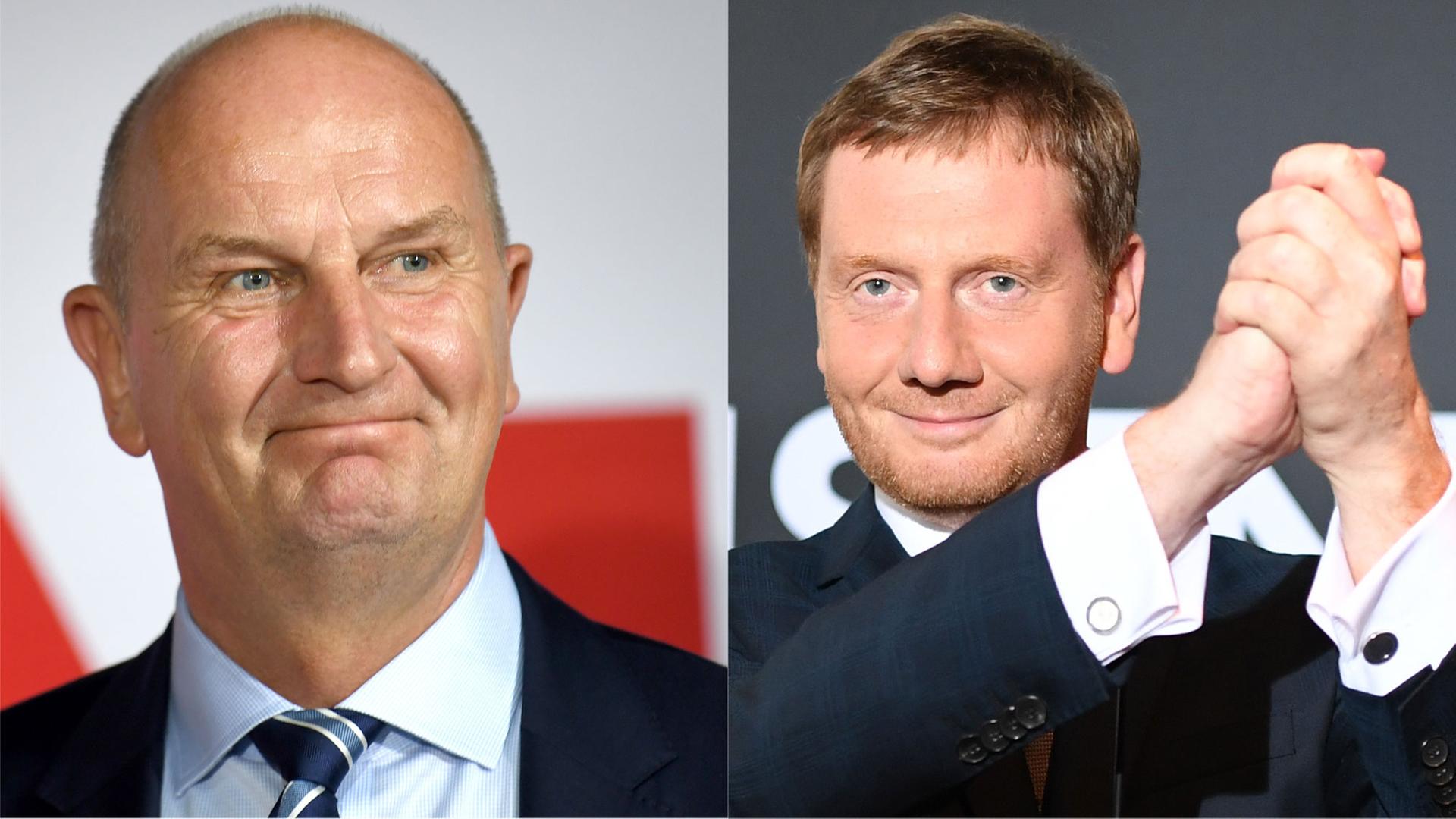 Portrait-Collage: Brandenburgs Ministerpräsident Dietmar Woidke und Michael Kretschmer, Ministerpräsident von Sachsen Portrait-Collage: Brandenburgs Ministerpräsident Dietmar Woidke und Michael Kretschmer, Ministerpräsident von Sachsen