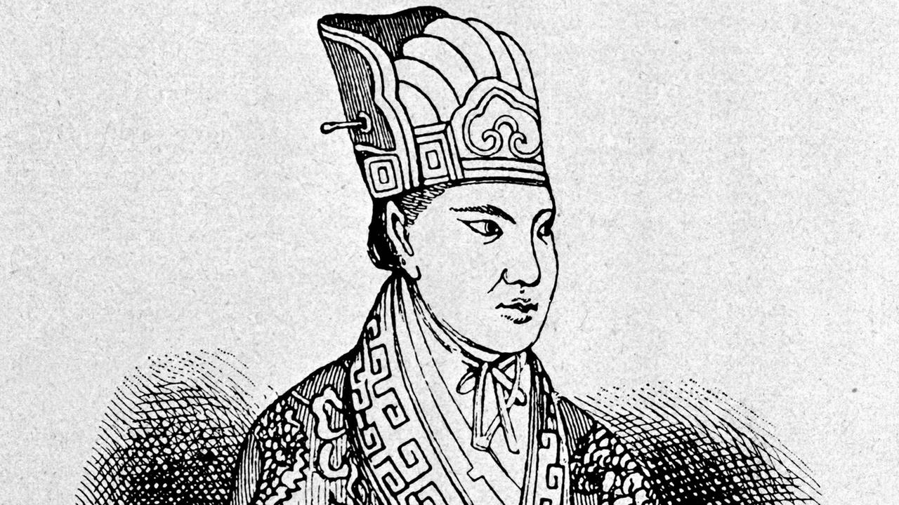 Der Holzstich zeigt Hung Xiuquan, Anführer des Taiping-Aufstands. 1851 nahm er den Titel Tianwang ("Himmlischer Koenig") an.