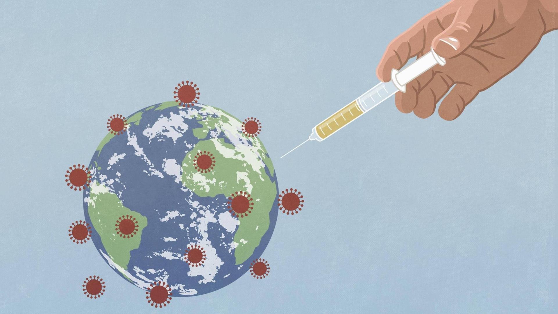 Illustration einer Weltkugel, die übersät ist mir Coronaviren und von einer Hand mit Spritze geimpft wird.