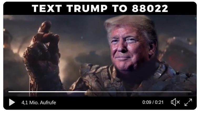 Screenshot des Memes, in dem der Kopf von US-Präsident Donald Trump auf den Filmheld Thanos montiert wurde Screenshot des Memes, in dem der Kopf von US-Präsident Donald Trump auf den Filmheld Thanos montiert wurde