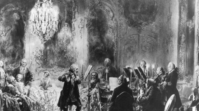 Friedrich der Große als Flötenspieler, dargestellt auf dem Gemälde "Das Flötenkonzert von Sanssousi" von Adolph Menzel.