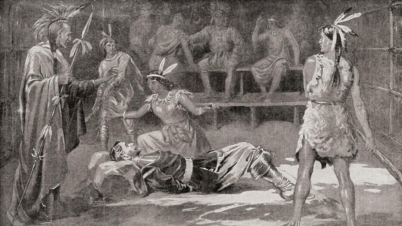 Illustration von Pocahontas "Saving The Life Of John Smith", 1607. 