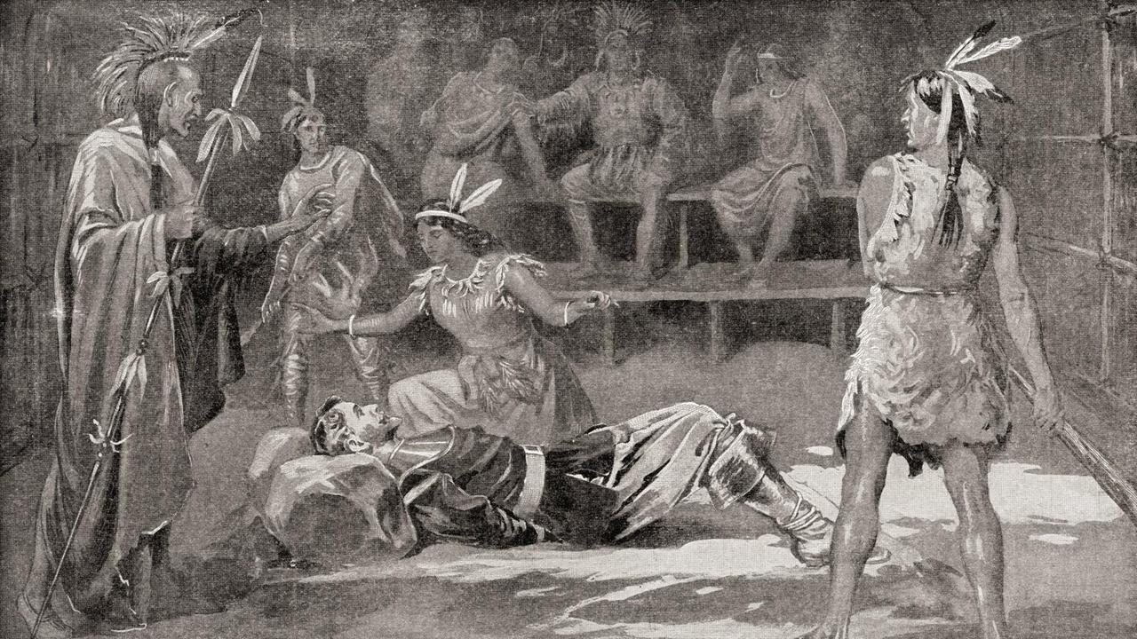 Illustration von Pocahontas "Saving The Life Of John Smith", 1607. Illustration von Pocahontas "Saving The Life Of John Smith", 1607.