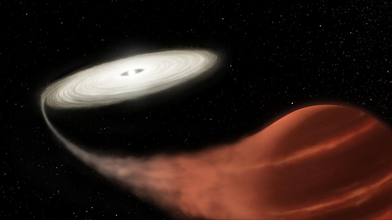Bei einer Nova zieht ein kleiner Stern Materie aus der Hülle seines großen Begleiters ab, die schließlich explodiert (Illustration) Bei einer Nova zieht ein kleiner Stern Materie aus der Hülle seines großen Begleiters ab, die schließlich explodiert (Illustration)