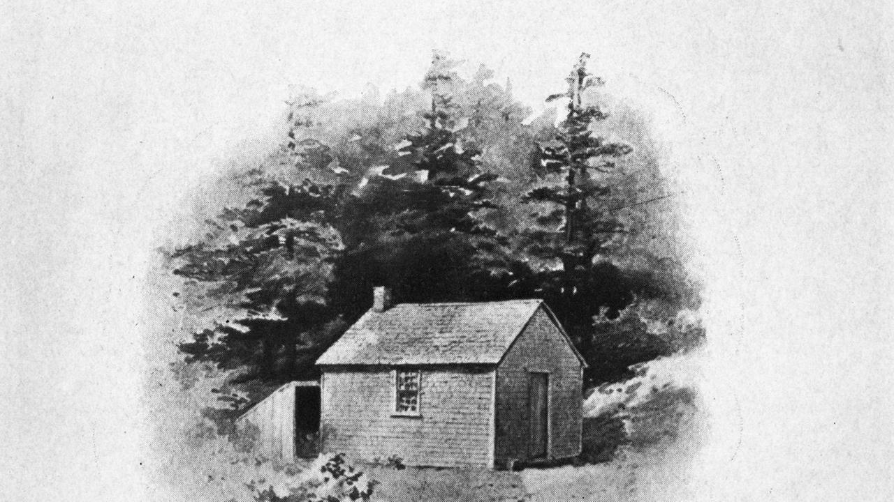 Zeichnung um 1800-1840 von Charles Phelps Cushing von der Hütte im Wald, in die sich der Schriftsteller Henry David Thoreau zurückgezogen hat.