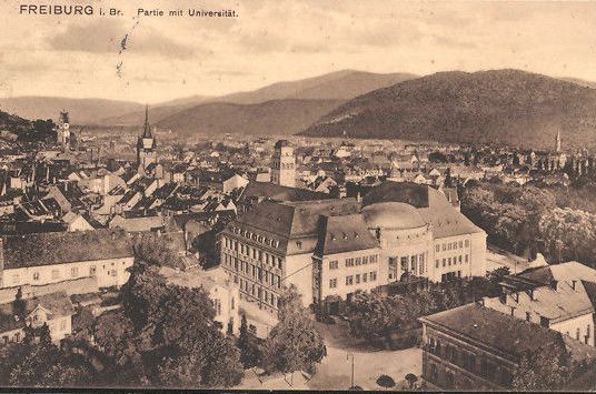 Der baumbestandene Synagogenplatz mit Synagoge und jüdischem Gemeindehaus (linker Bildrand) neben der Universität. Zeitgenössische Ansichtskarte, 1913