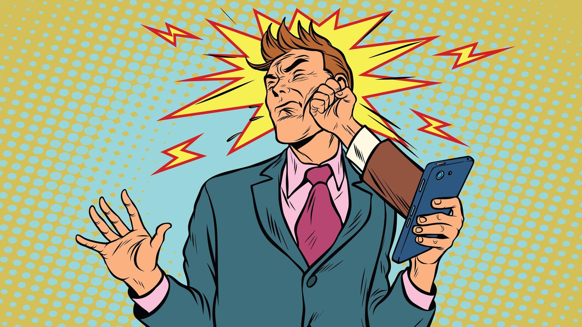 Eine Illustration zeigt einen Geschäftsmann, den ein Faustschlag aus seinem Smartphone ins Gesicht trifft. Eine Illustration zeigt einen Geschäftsmann, den ein Faustschlag aus seinem Smartphone ins Gesicht trifft.