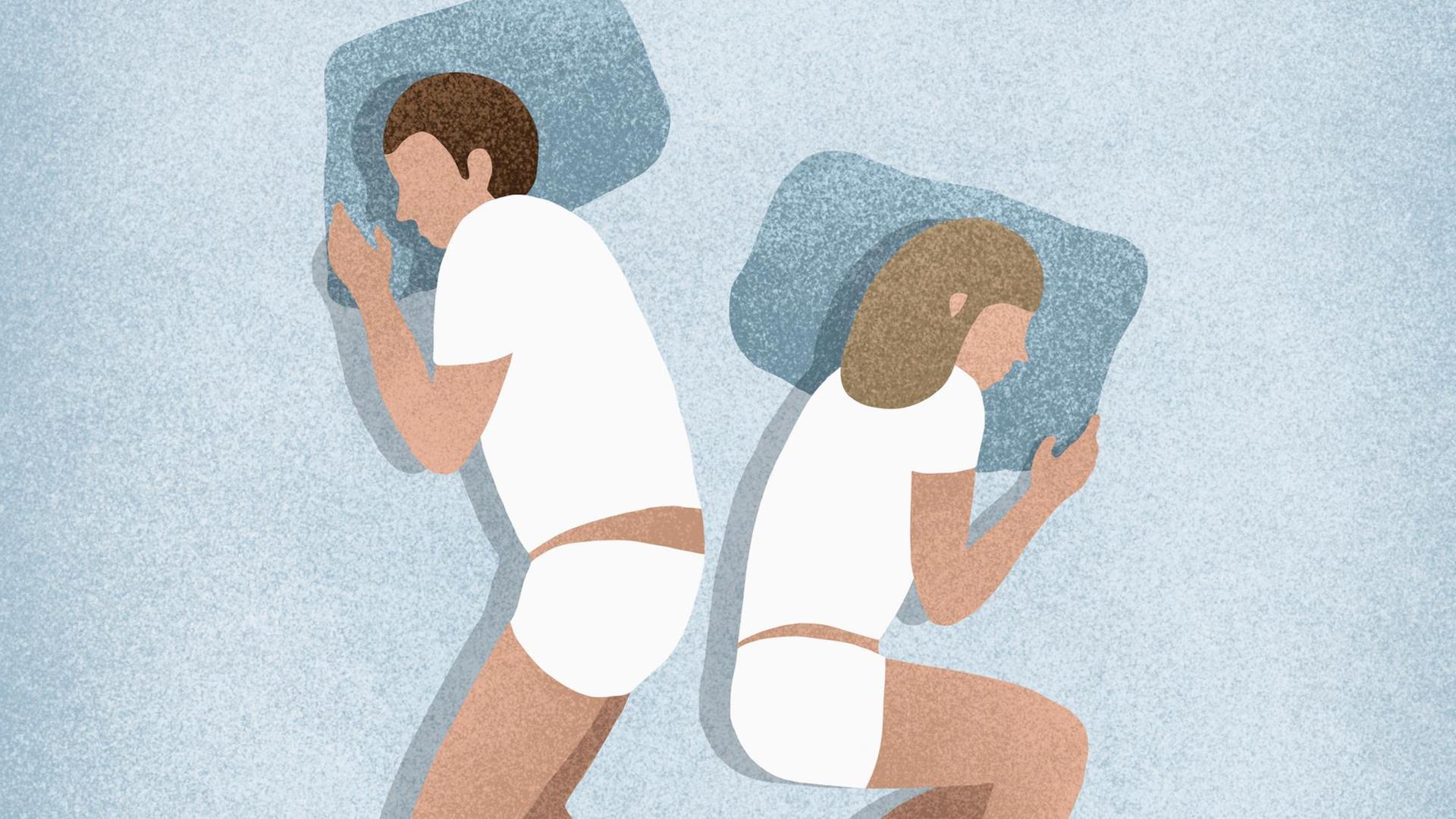 Illustration von zwei Menschen die im Bett Rücken an Rücken liegen. Illustration von zwei Menschen die im Bett Rücken an Rücken liegen.