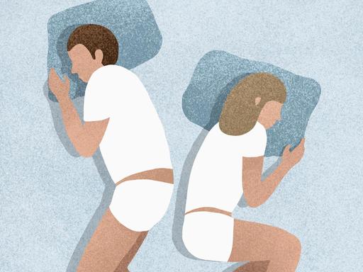 Illustration von zwei Menschen die im Bett Rücken an Rücken liegen.