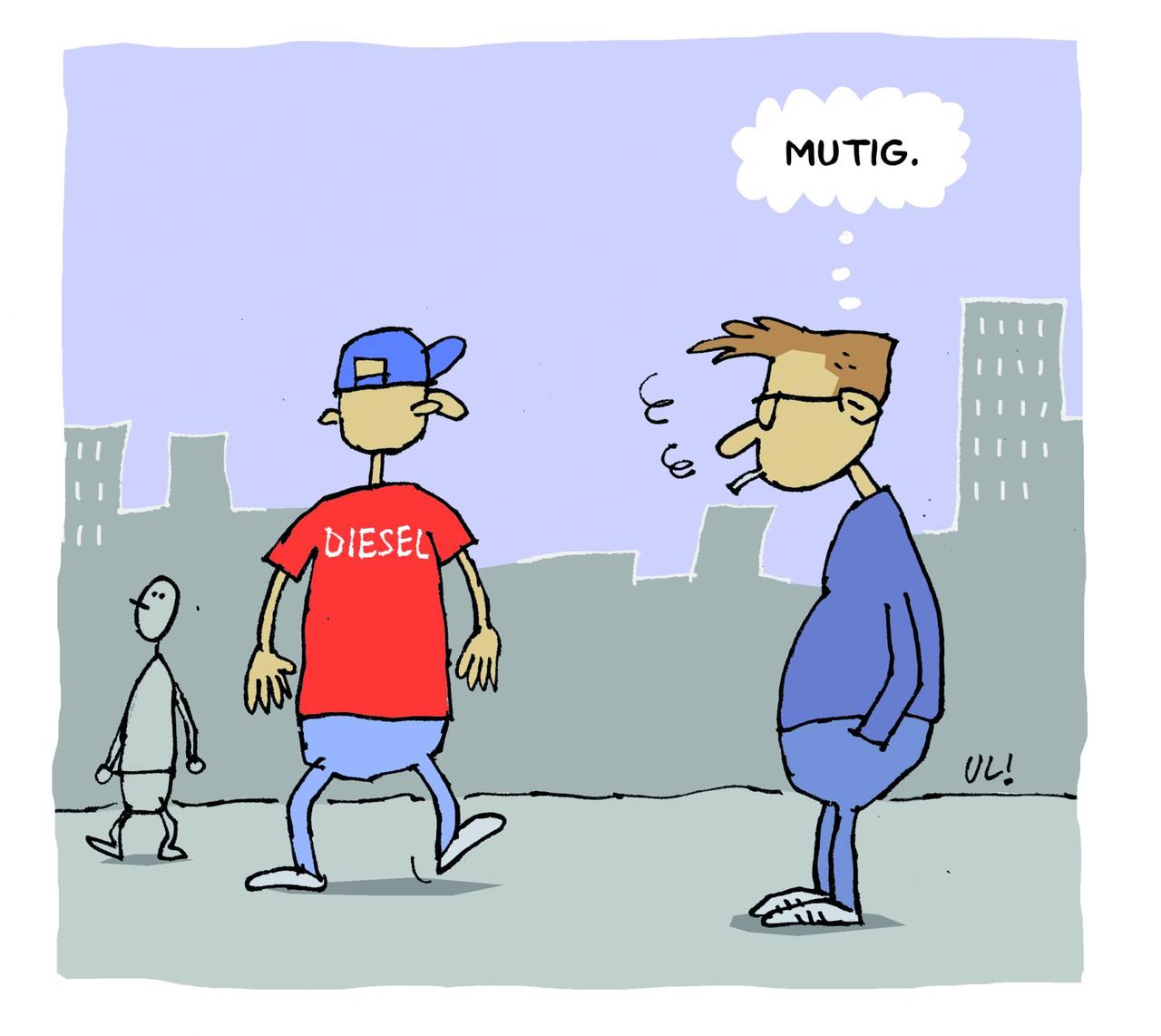 Ein Mann bewundert einen anderen, der ein Shirt der Marke "Diesel" trägt. Er denkt: "Mutig." Ein Mann bewundert einen anderen, der ein Shirt der Marke "Diesel" trägt. Er denkt: "Mutig."