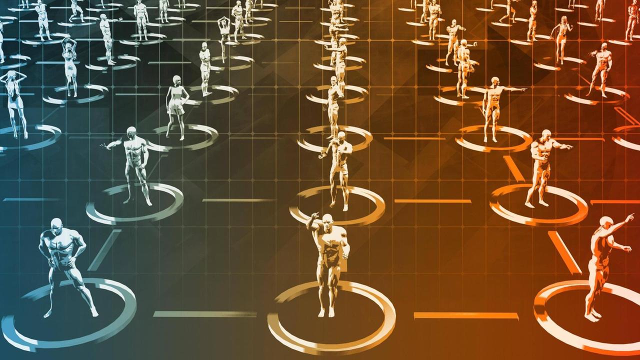 Digital animierte Figuren stehen in einem festen Muster aufgereiht. Digital animierte Figuren stehen in einem festen Muster aufgereiht.